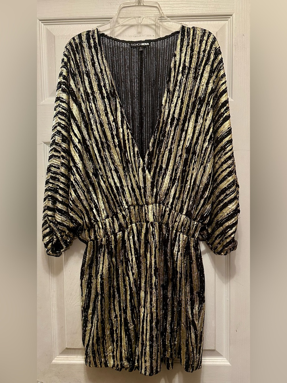 Black & Gold Metallic Stripe V-Neck Women’s Top